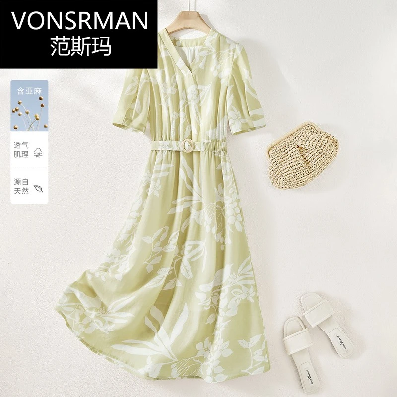清新印花天丝亚麻连衣裙女2025夏季气质时尚领系带收腰大理裙子
