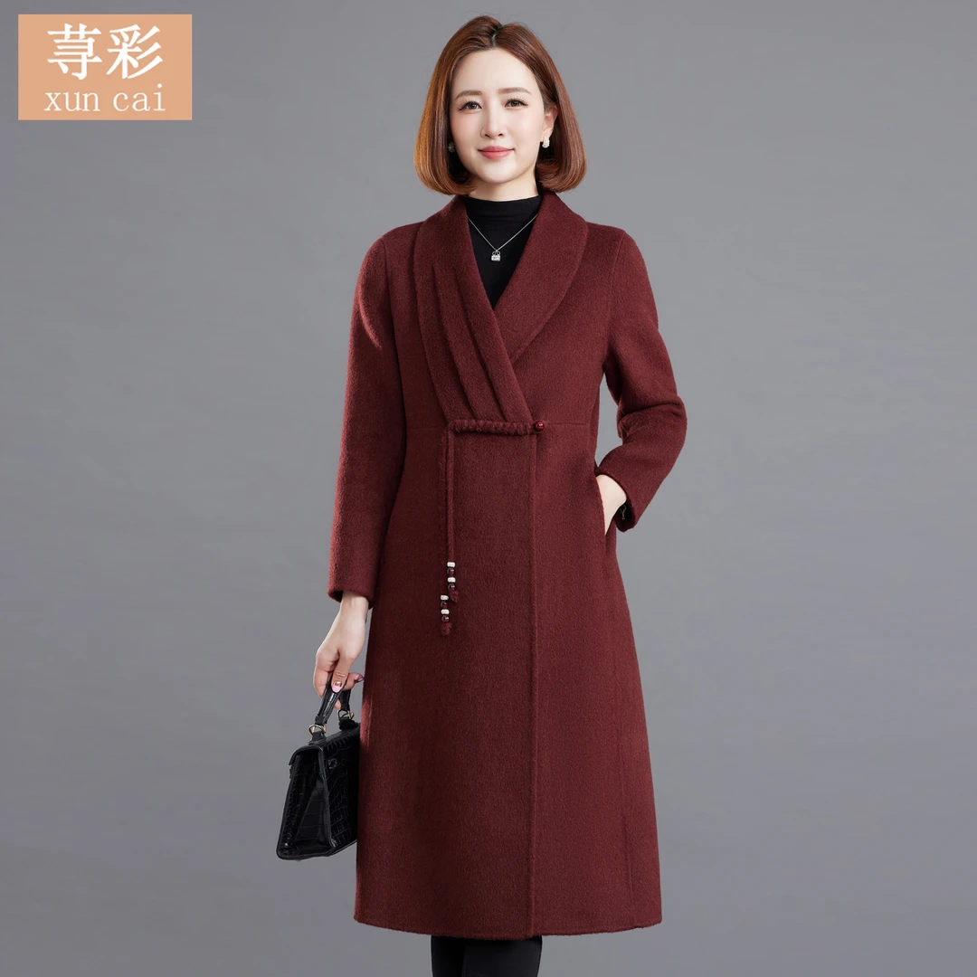 中老年妈妈秋冬装双面羊毛大衣中长款新中式显瘦中年妈妈高贵外套