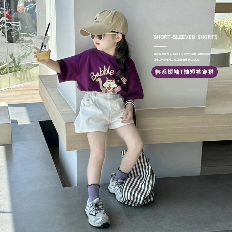 女童韩系短袖2025夏季新款宝宝紫色宽松上衣半袖儿童短裤套装夏天