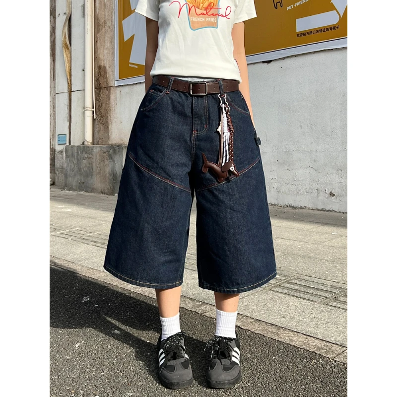 克林菲美式复古刺绣原色牛仔七分裤女潮牌设计感夏季直筒宽松短裤