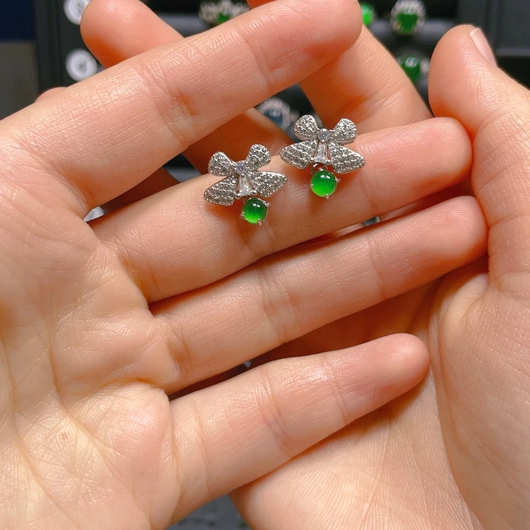 翡翠戒指银S925镶嵌耳钉