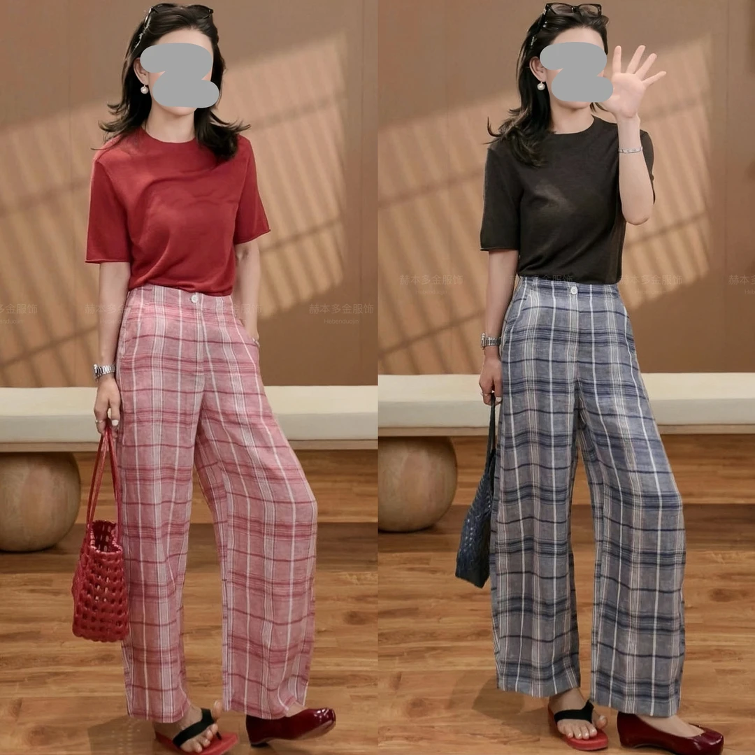 2025夏季简约纯色宽松短袖T恤上衣显瘦百搭格子九分休闲裤套装女