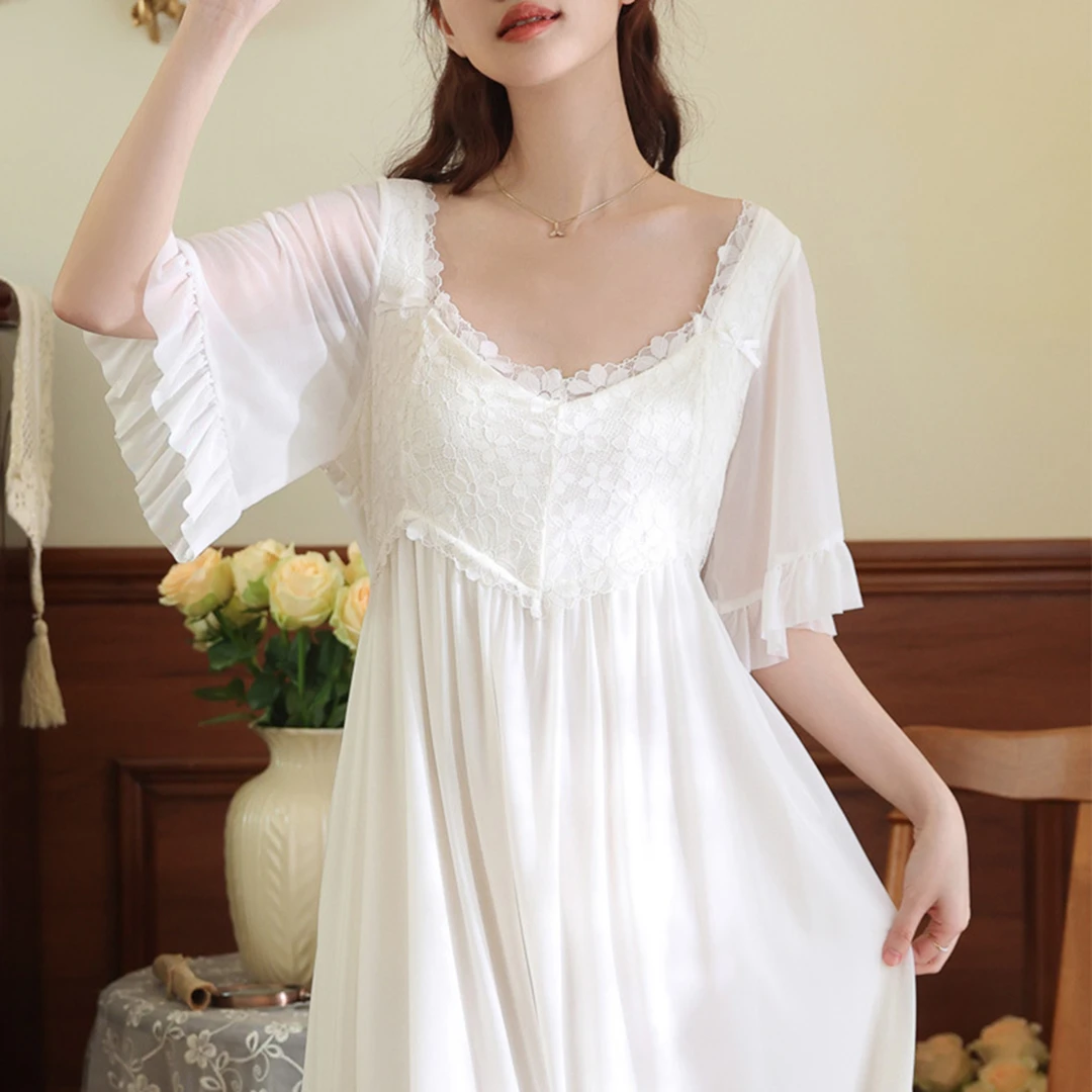 约蒂宾弗洋气独特别致中袖网纱睡裙女款夏带胸垫一体式可外穿睡衣