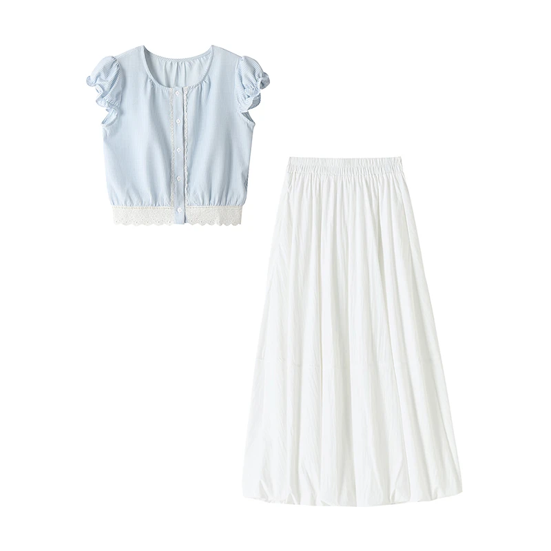 夏季穿搭一整套女新款休闲设计感短袖衬衫花苞半身裙子两件套2108