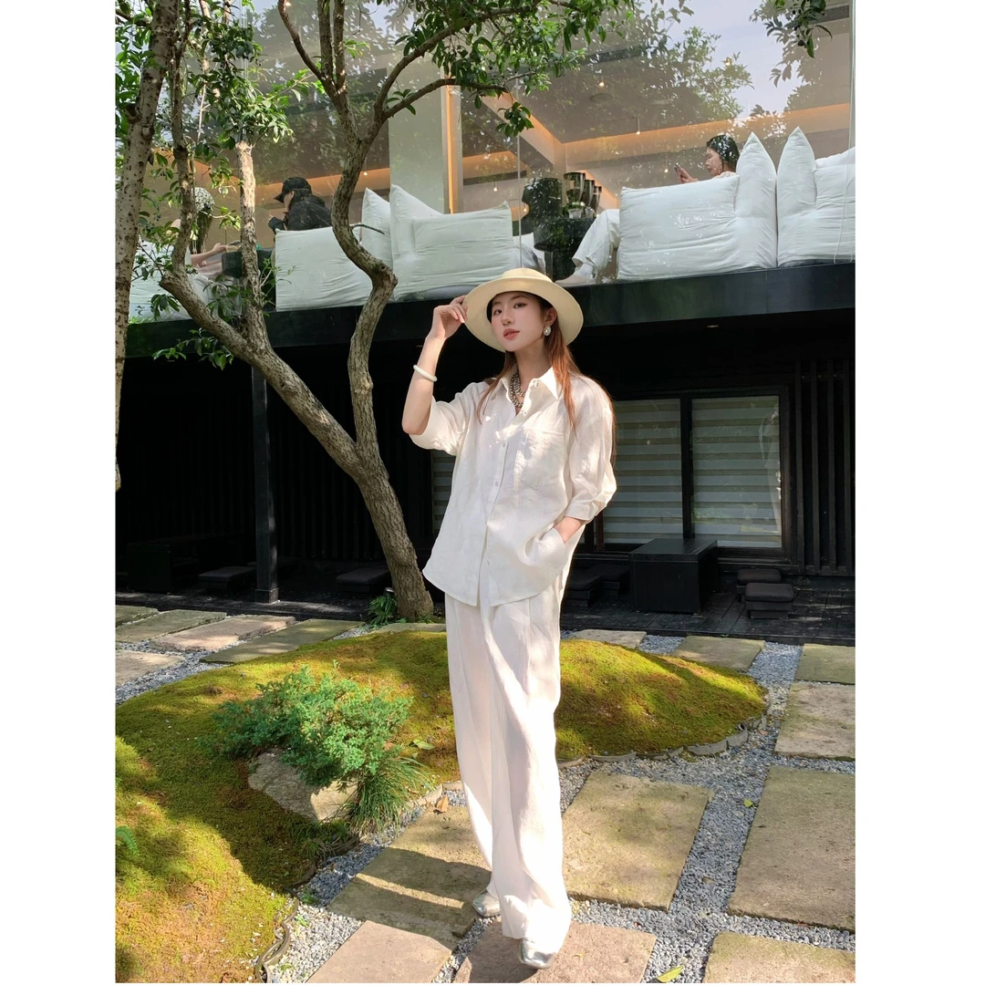 2025夏季新款女士百搭设计师时尚小众法式气质气质亚麻休闲阔腿裤