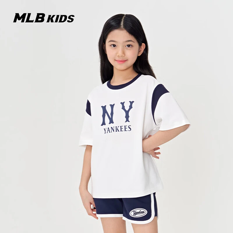 MLB儿童官方男女童时尚拼色复古刺绣舒适宽松T恤25新款7ATSV0253