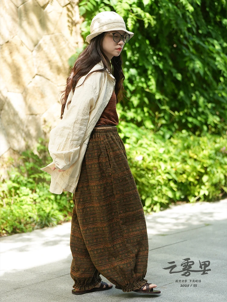云雾里 原创设计复古文艺松弛感随性恣意宽松印花纯亚麻裤子 5035