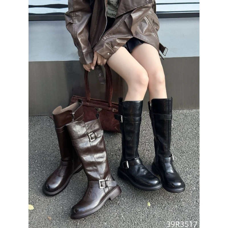 XK冬季时装靴百搭粗跟圆头增高中筒靴骑士时尚高筒靴