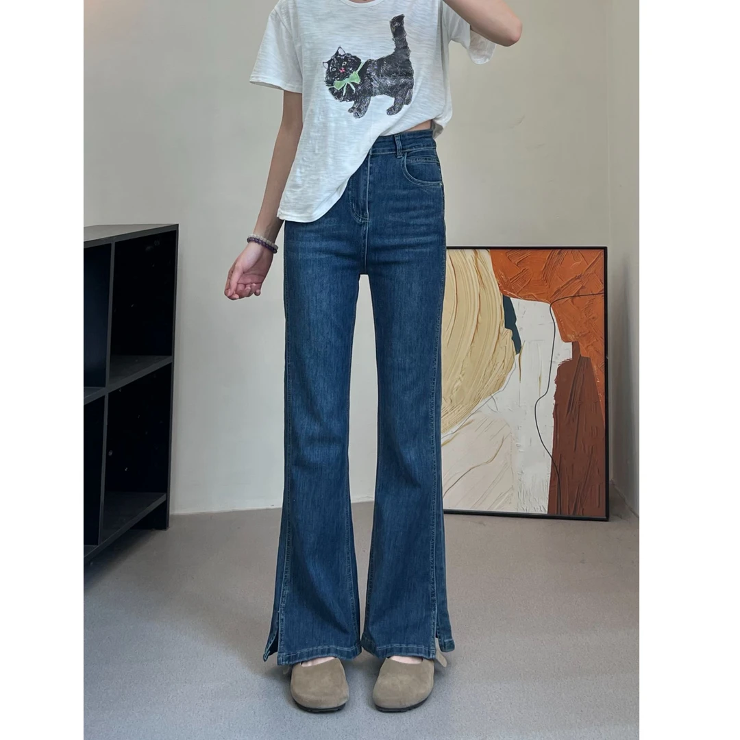 微喇牛仔裤女梨形身材穿搭小个子显高显瘦大码开叉高腰弹力喇叭裤