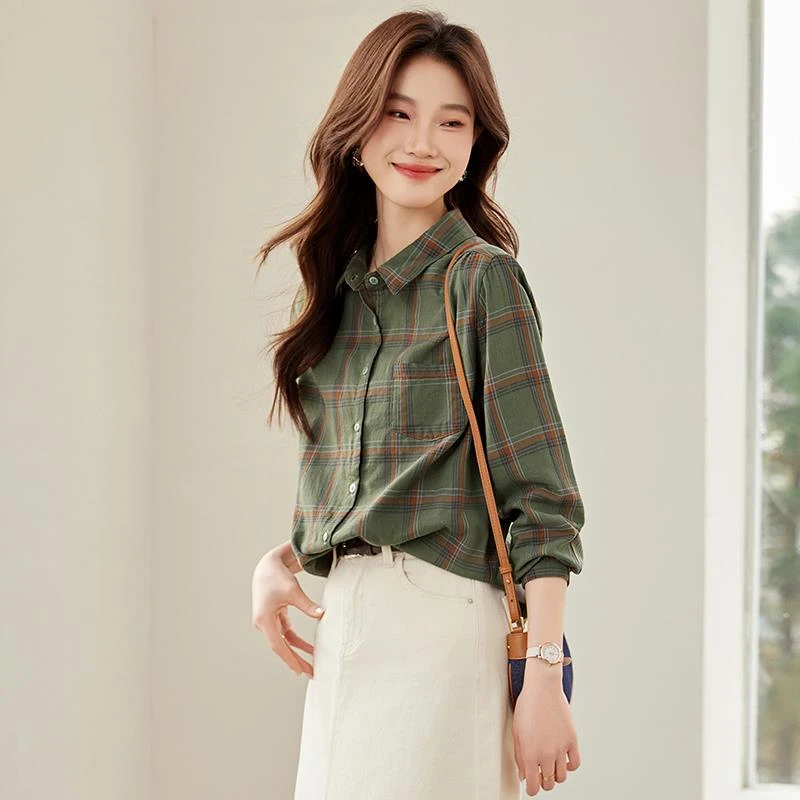 【优雅知性】高端格子纯棉衬衫女长袖港风2025春季新款时尚设计感