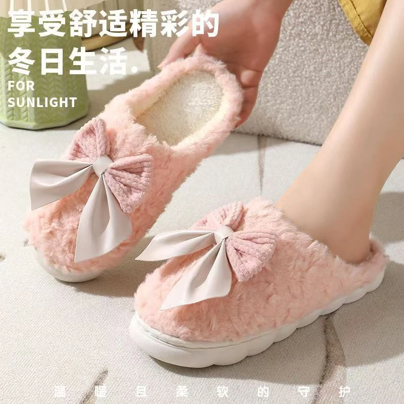 新款蝴蝶结棉拖鞋女秋冬季室内厚底防滑保暖家居可爱月子拖鞋G548