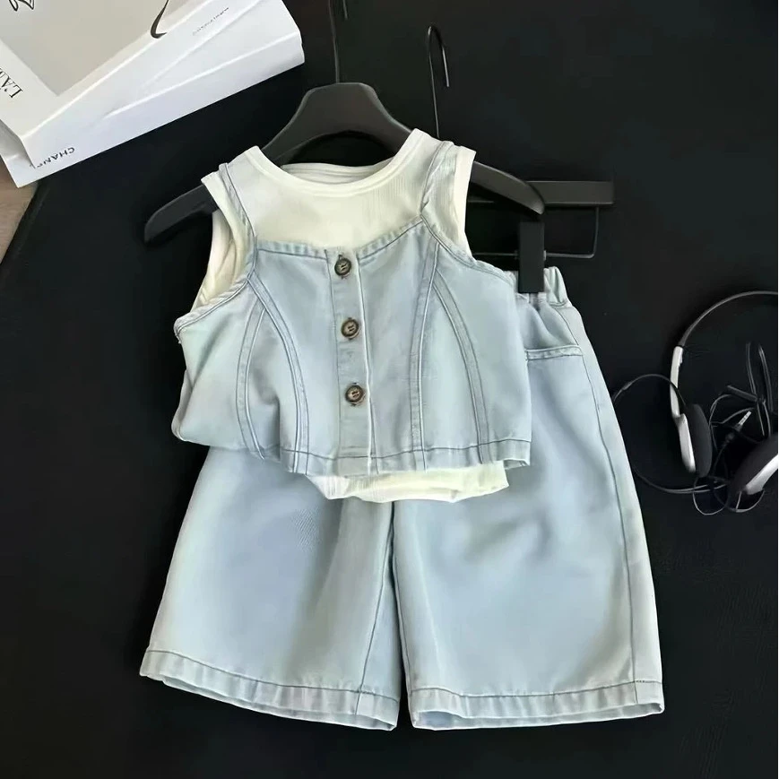 女童三件套夏季新款女童背心套装儿童韩版上衣休闲裤三件套