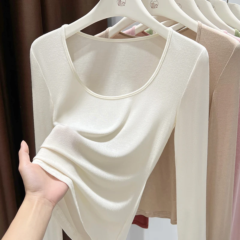 纯欲风白色大U领露锁骨长袖T恤上衣女夏季新款软糯外穿修身打底衫