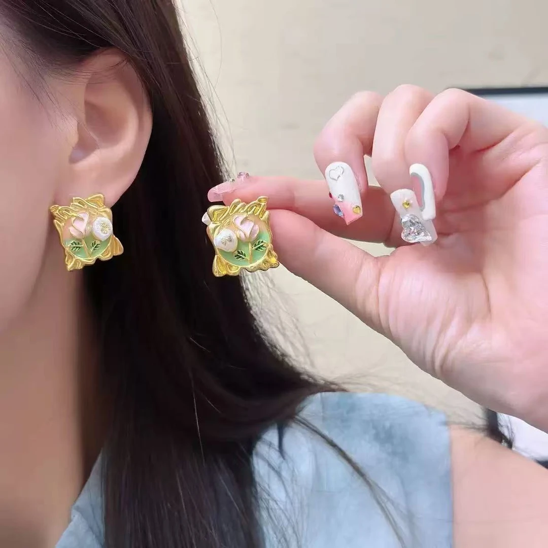 铜合金耳饰 【8433】时尚油花朵画风耳钉女轻奢高级感独特气质耳饰