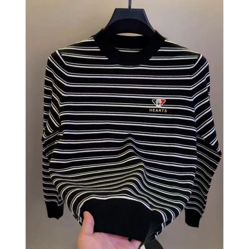 高档时尚圆领条纹毛衣男士秋冬潮流保暖休闲针织打底衫男装25038