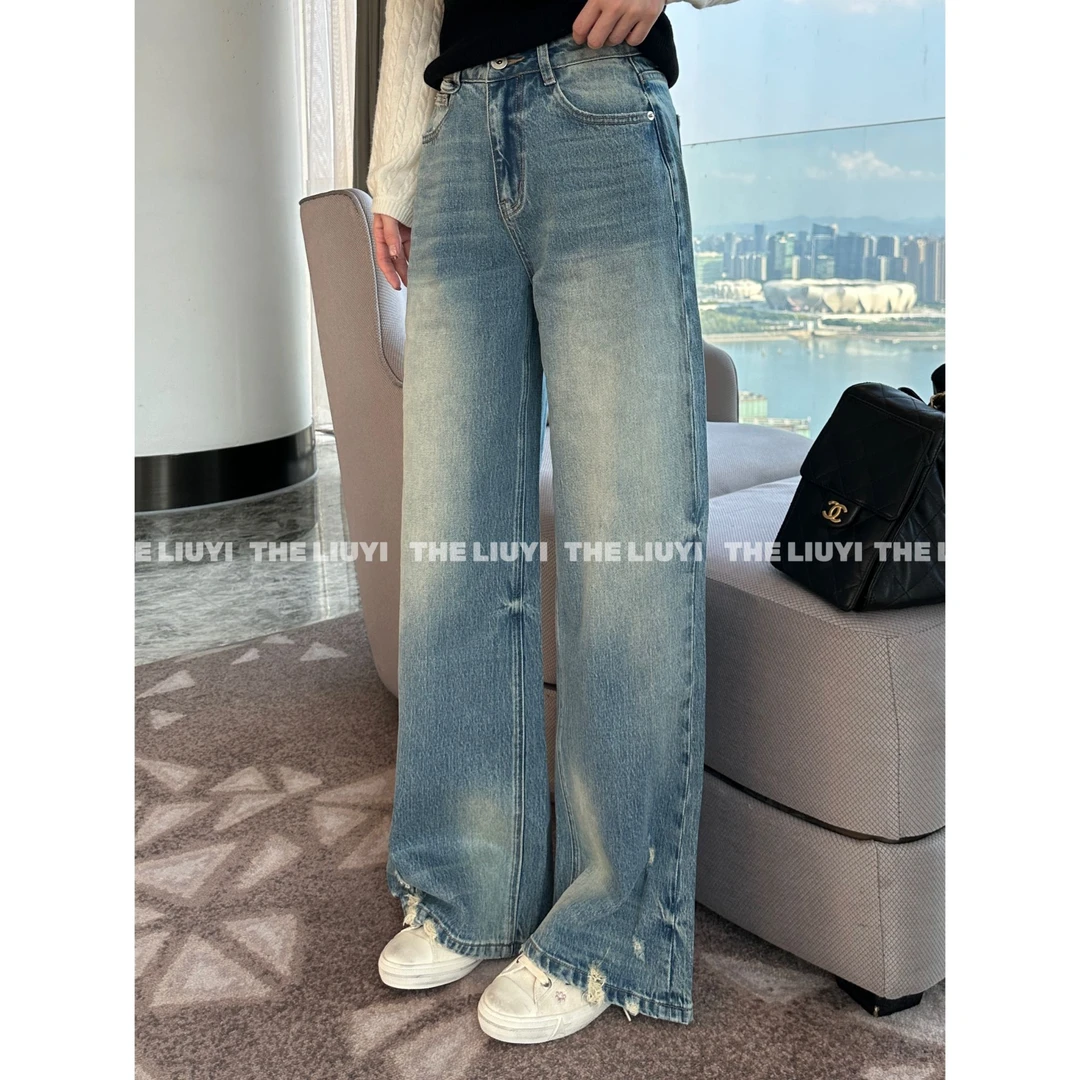 【LIUYI】生命力~设计感浅蓝水洗做旧磨破牛仔直筒裤59175