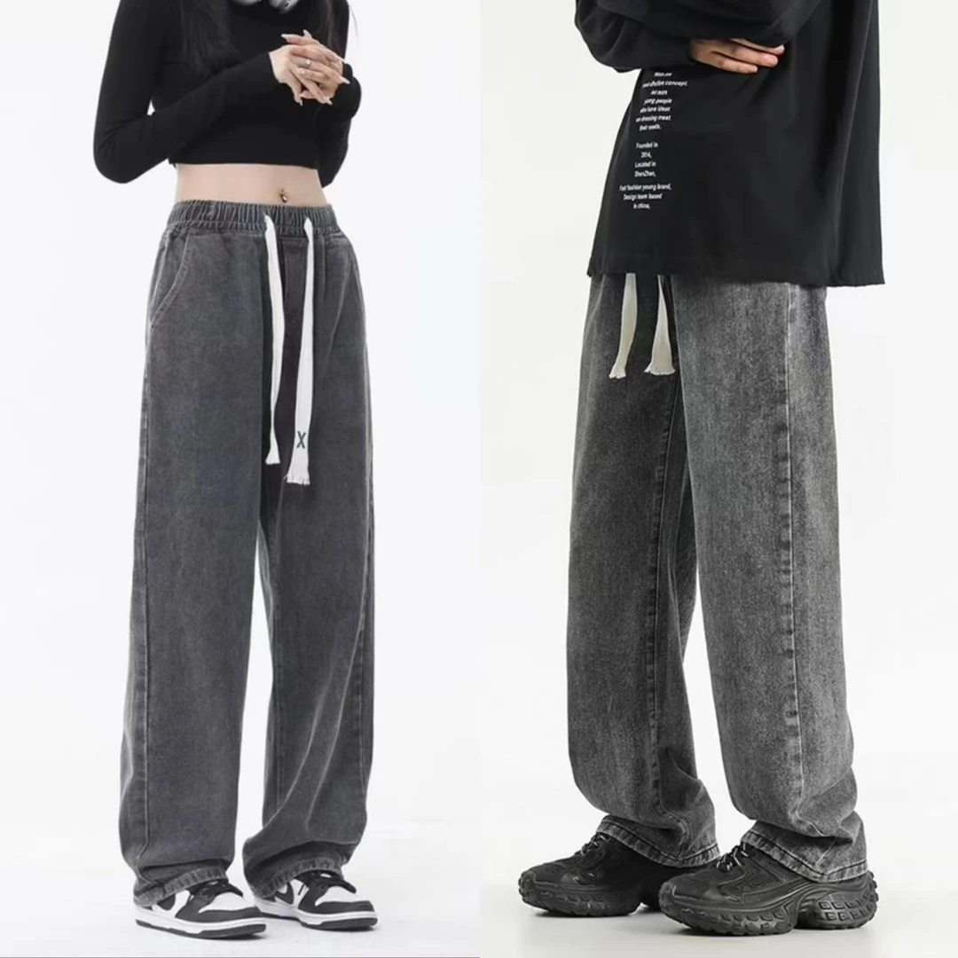 【3TK牛仔】男女同款直筒松紧腰牛仔裤高街美式洗水复古潮流宽松