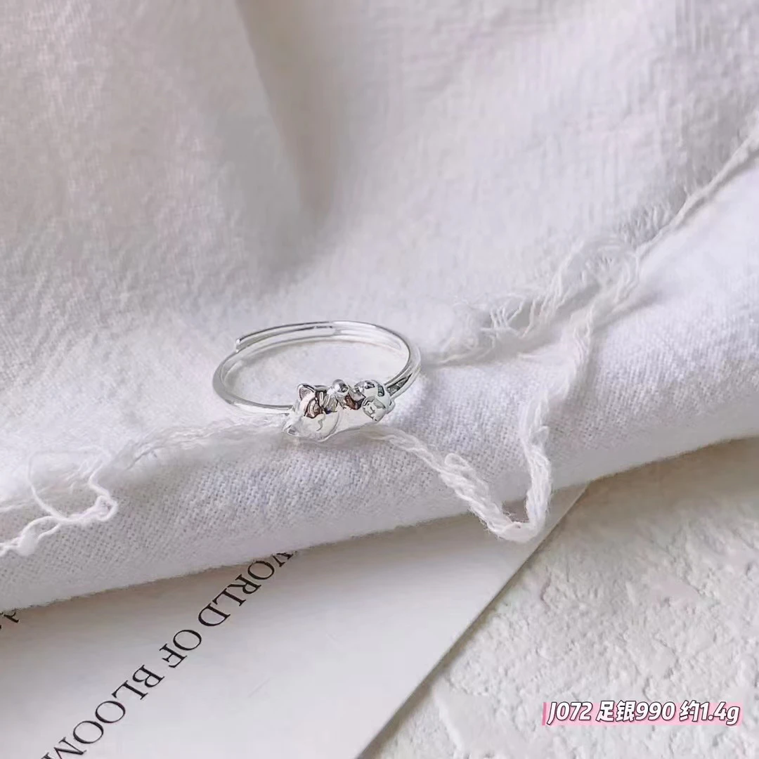 足银戒指 足银990戒指开运猫如意元宝活口可调节