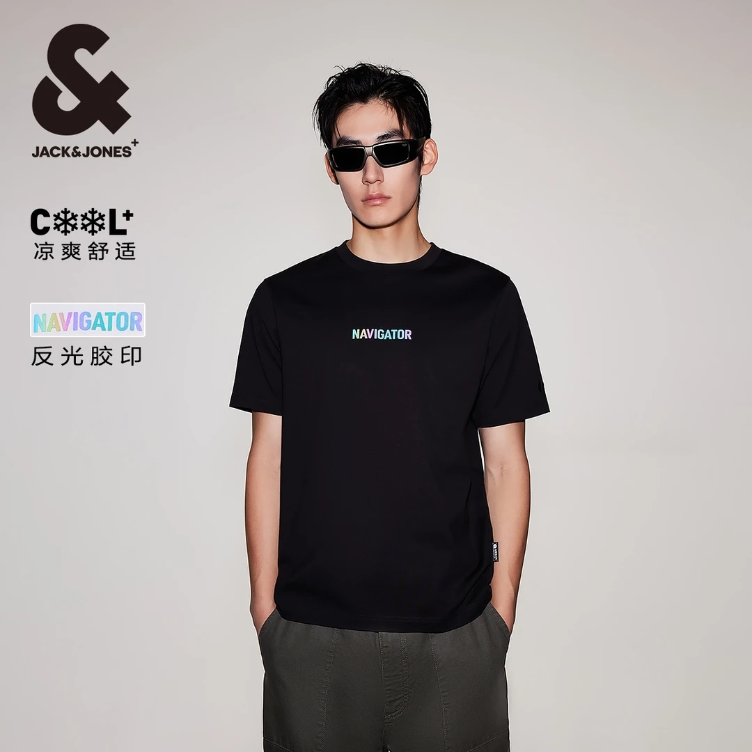 【凉感】杰克琼斯男士短袖T恤百搭圆领宽松反光胶印男装欧若智性风
