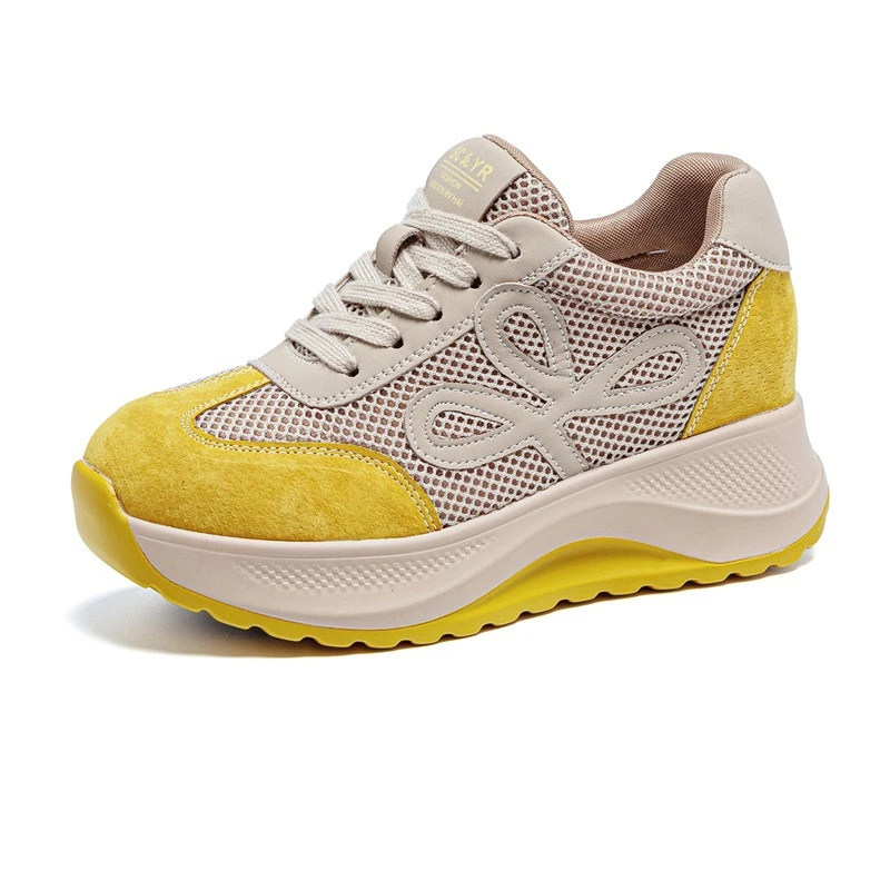 小个子2025新款透气网面健身运动休闲鞋女软底软面厚底增高老爹鞋