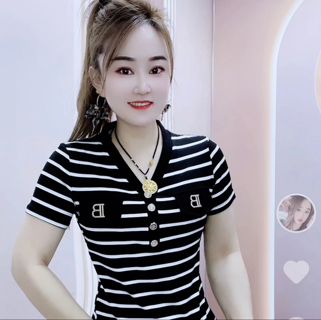 短袖印花V领宽松型清凉立领女T恤宫廷风纯色常规袖