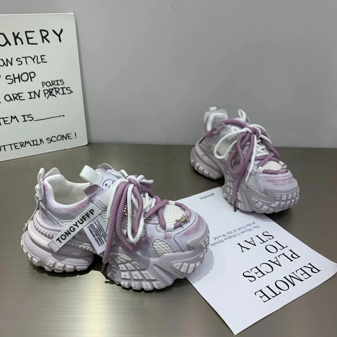 韩版复古显瘦老爹鞋女2025年新款透气网面擦色厚底轻便休闲运动鞋