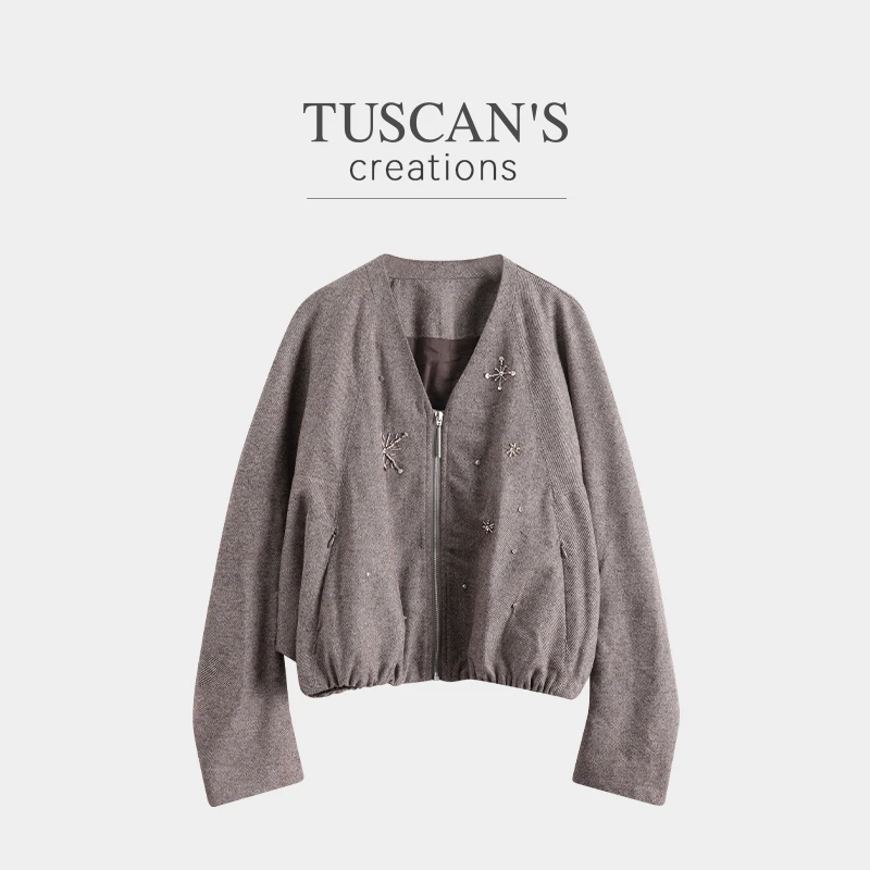 TUSCAN'S CREATIONS时尚复古V领宽松设计款短外套女