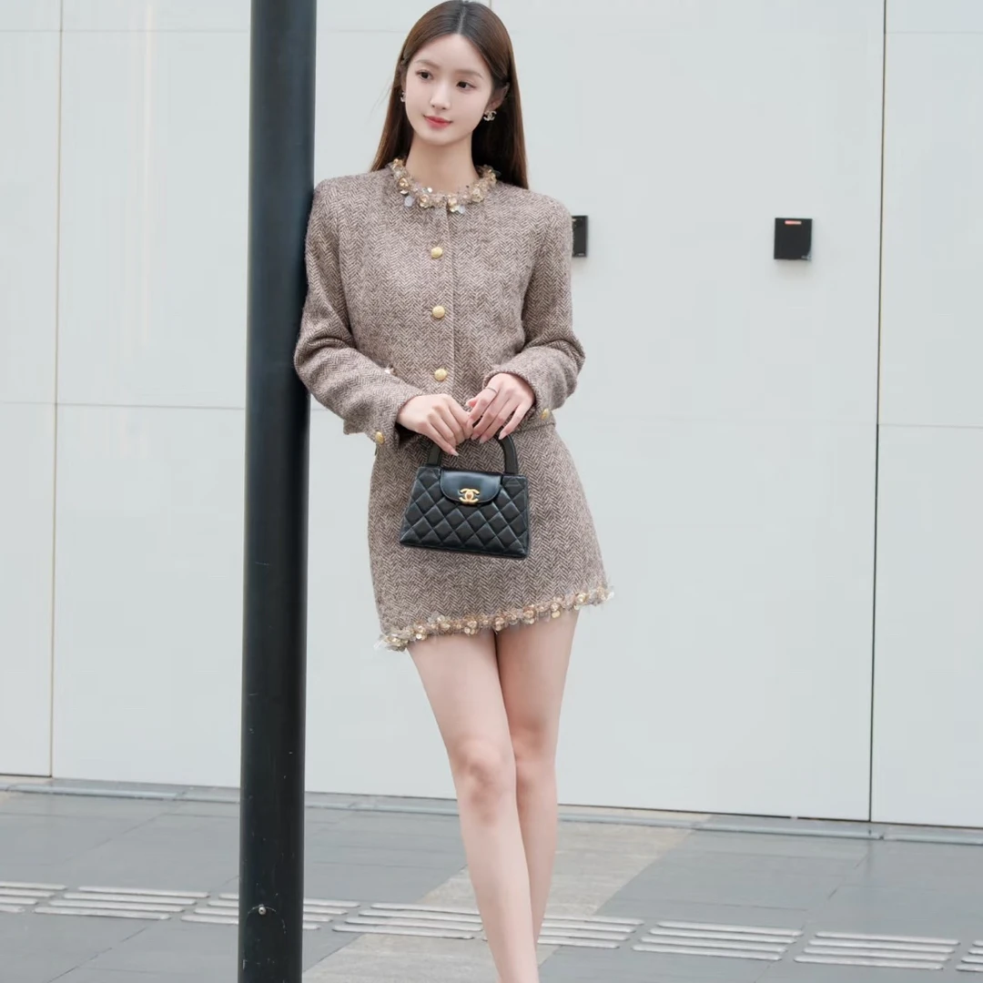 时尚显瘦气质女士秋季饰边羊驼花呢套装百搭款(直播间专用2)