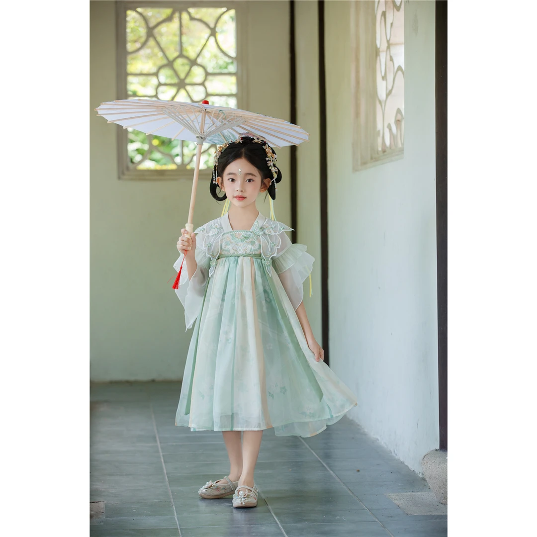 【现货】童装2025年夏季新款女童中国汉服连衣裙252-木点-88207绿色