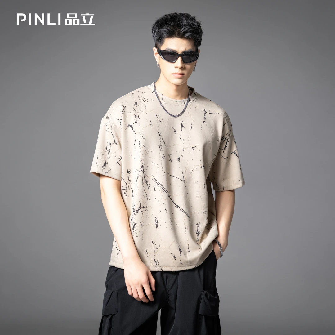 PINLI品立夏季宽松短袖T恤裂纹肌理烧花扎染印花男上衣B252111065