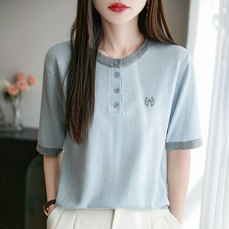 夏季圆领针织短袖T恤气质撞色百搭显瘦半袖简约薄款宽松休闲圆领