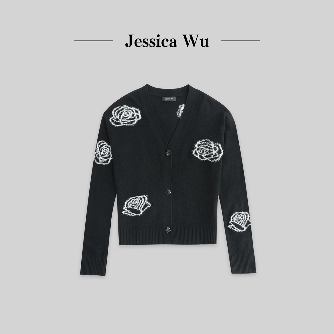 JESSICA WU针织柔软亲肤细闪银葱玫瑰百搭显瘦开衫254504005