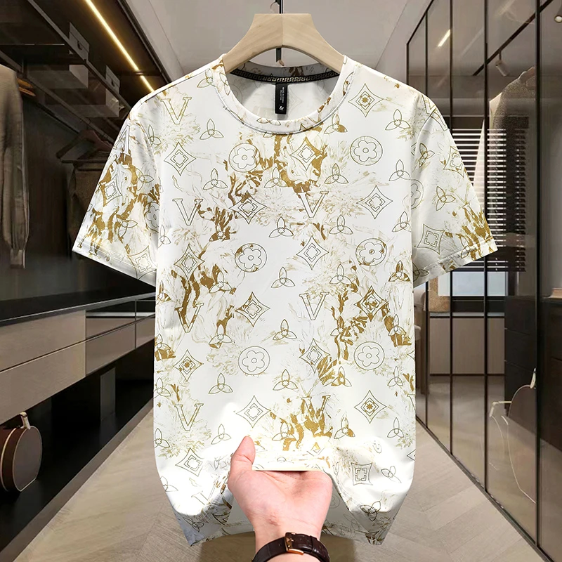 欧货冰丝短袖t恤男士夏季新款休闲时尚印花体恤潮流薄款丝滑半袖