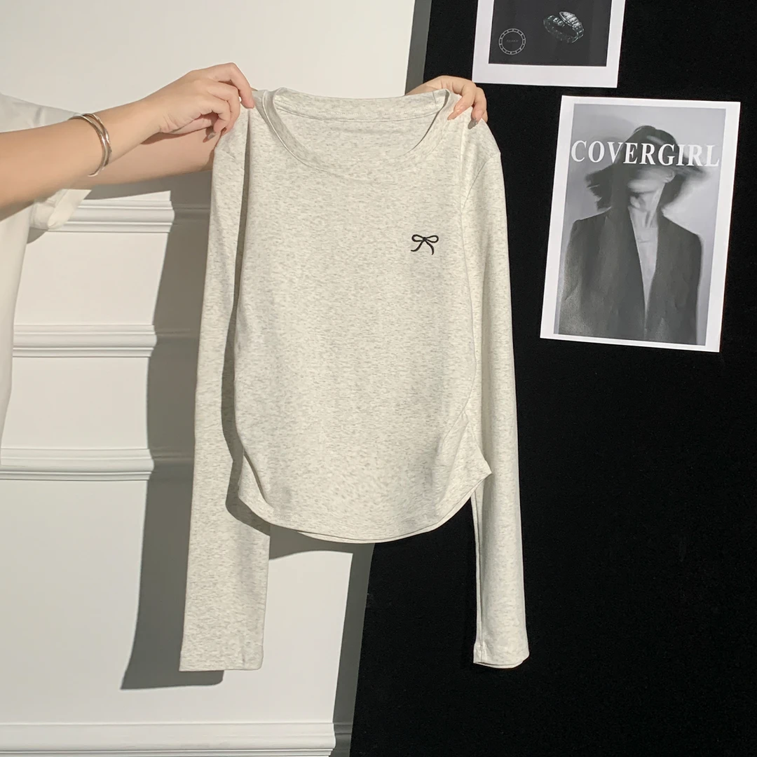 可爱少女风花灰蝴蝶结刺绣长袖T恤女2025年秋季褶皱圆领修身上衣