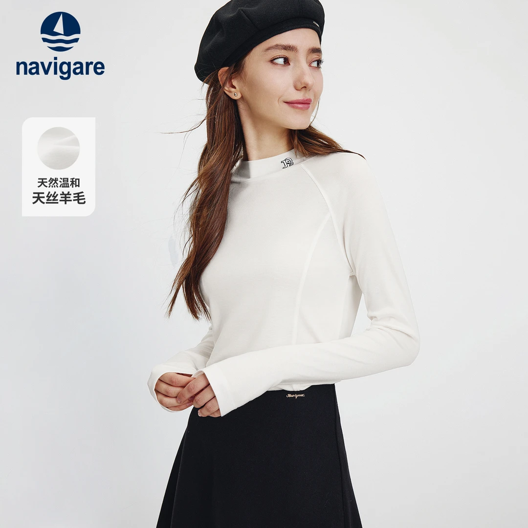 navigare意大利小帆船莱赛尔长袖T恤女修身半高领羊毛打底体恤衫