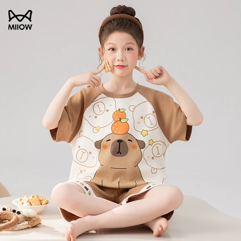猫人儿童睡衣女童夏季纯棉2025新款女孩短袖薄款中大童家居服套装