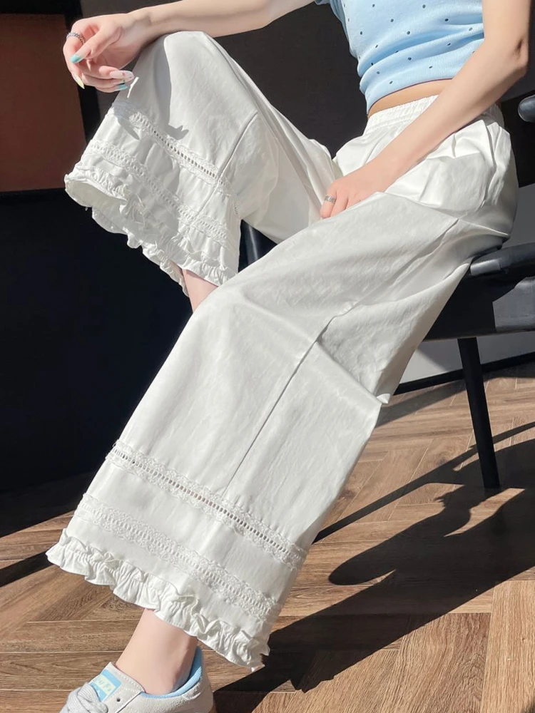 复古九分裤阔腿裤女夏季2025新款松紧高腰显瘦宽松垂感花边直筒裤