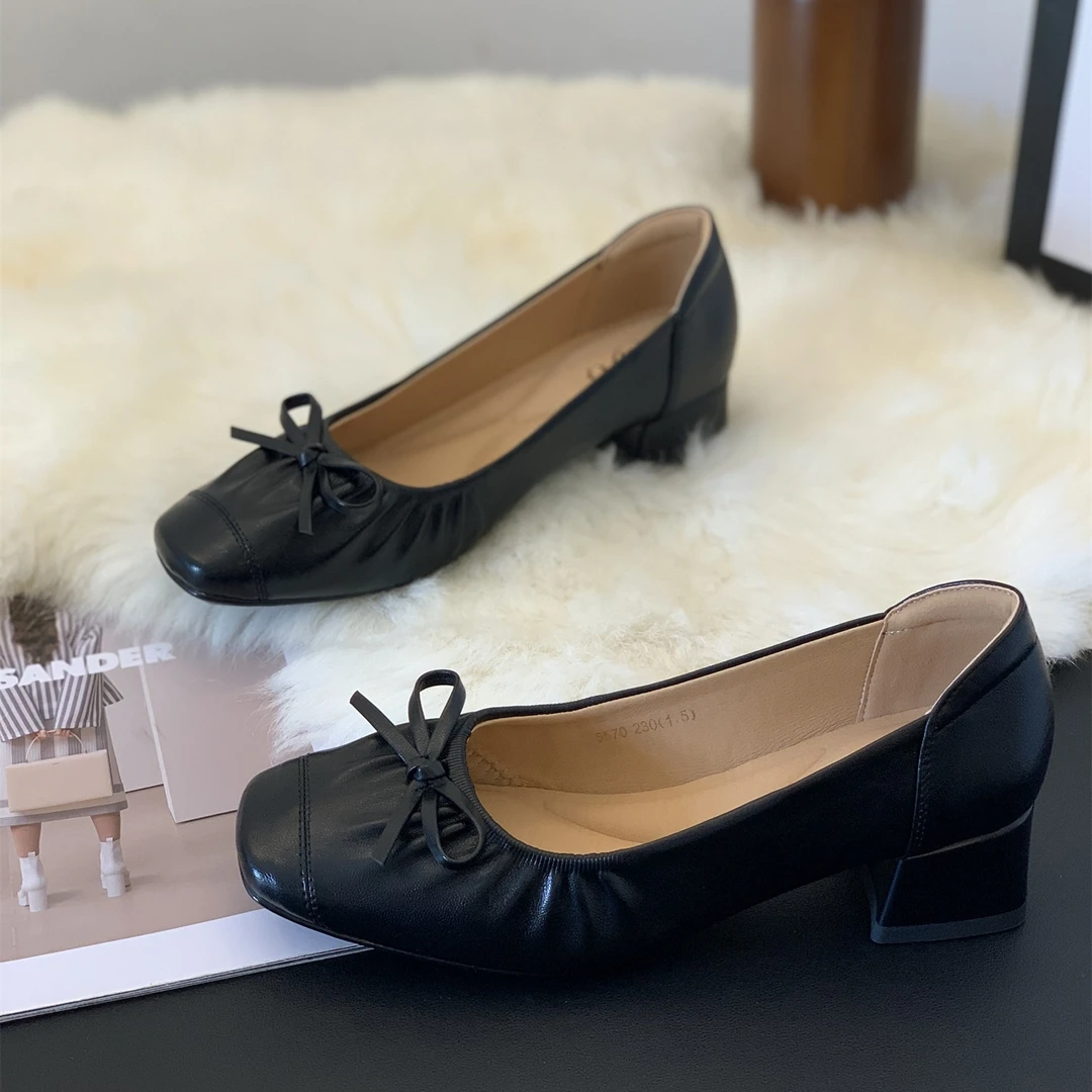 粗跟浅口蝴蝶结单鞋女2025秋季新款一脚蹬百搭时尚舒适简约工作鞋