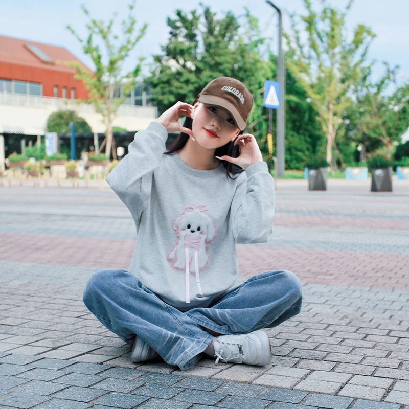 芙希鹿法式青少女韩版卡通老钱风常规卫衣春秋百搭圆领长袖印花