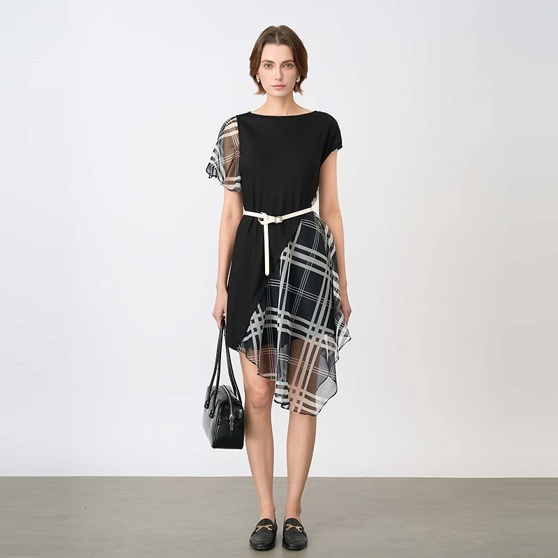 【粉丝专享】圣迪奥圆领精致时尚格纹拼接设计感连衣裙S24281232