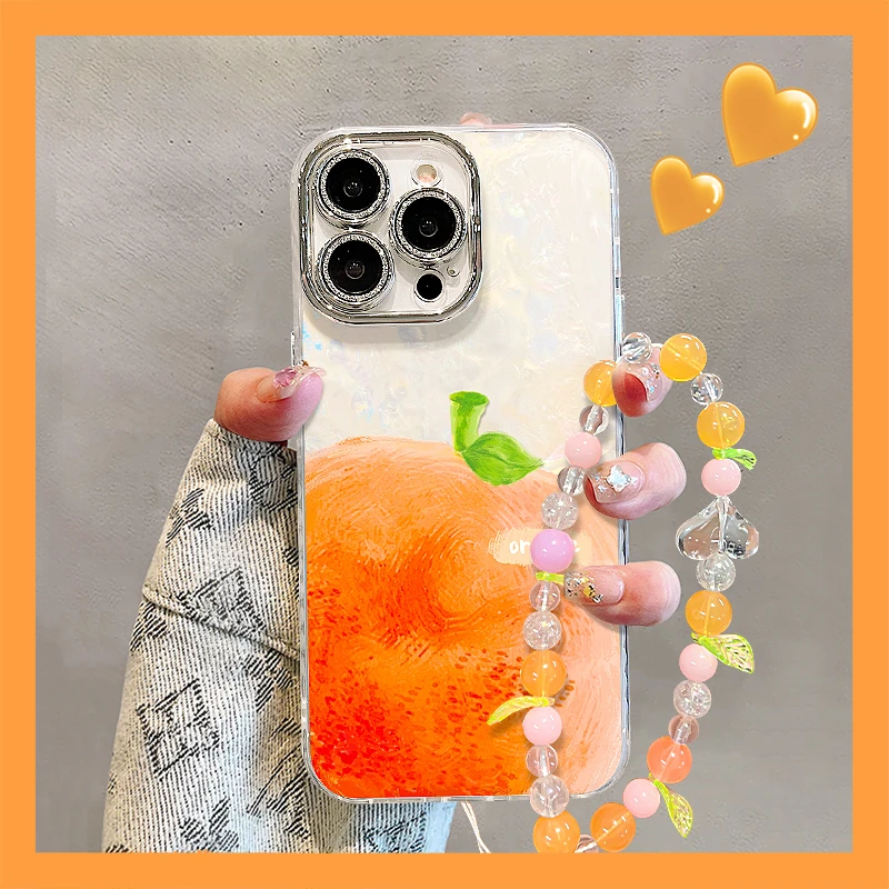 晕染橘子适用苹果15华为vivo/oppo小米iPhone16精孔贝壳纹手机壳