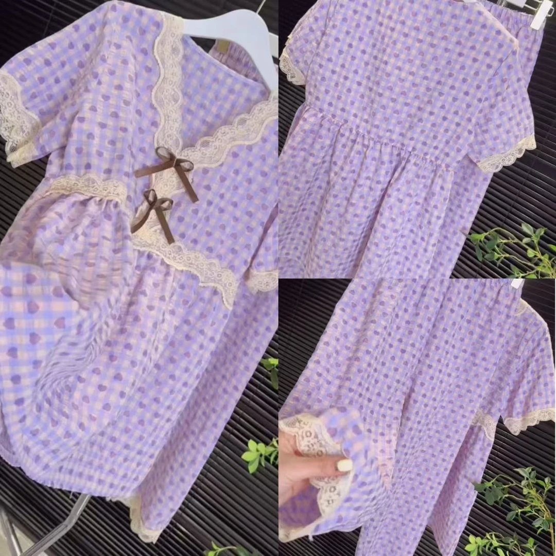 2025春夏格子常规款睡衣夏季家居服套装粉色裙子套装可外穿