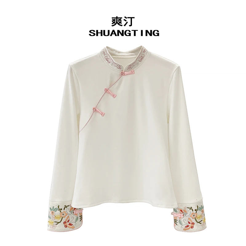Jokara/丘可儿【落晖】新中式国风盘扣斜襟刺绣打底立领春季上衣