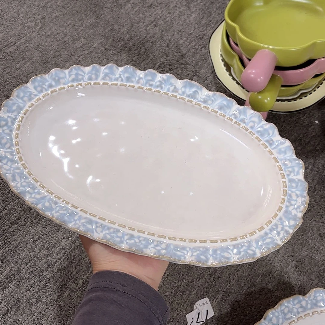 12寸鱼盘烟蓝色陶瓷餐具