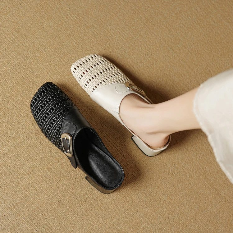 跟高4cm 通勤休闲百搭粗跟包头拖夏季英伦风复古简约时尚包头半拖