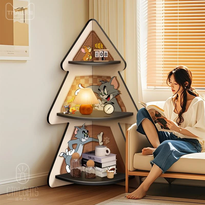 奶油风客厅三角落地置物架猫和老鼠床头转角柜高级感拐角装饰摆件