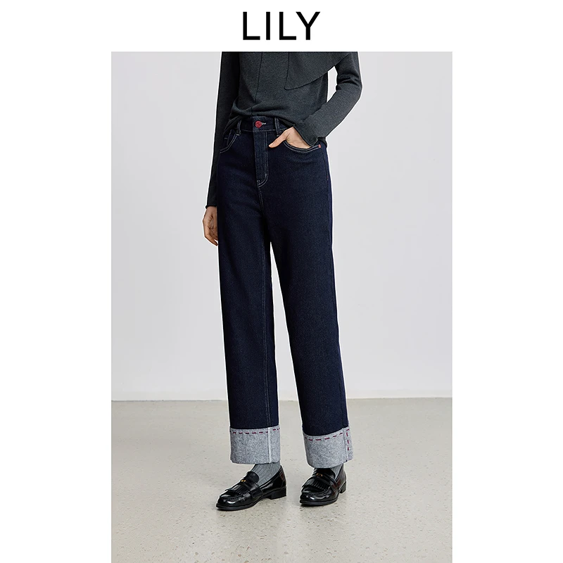 LILY2025冬新款复古简约弹力加绒直筒裤原色牛仔裤女125429GJ904