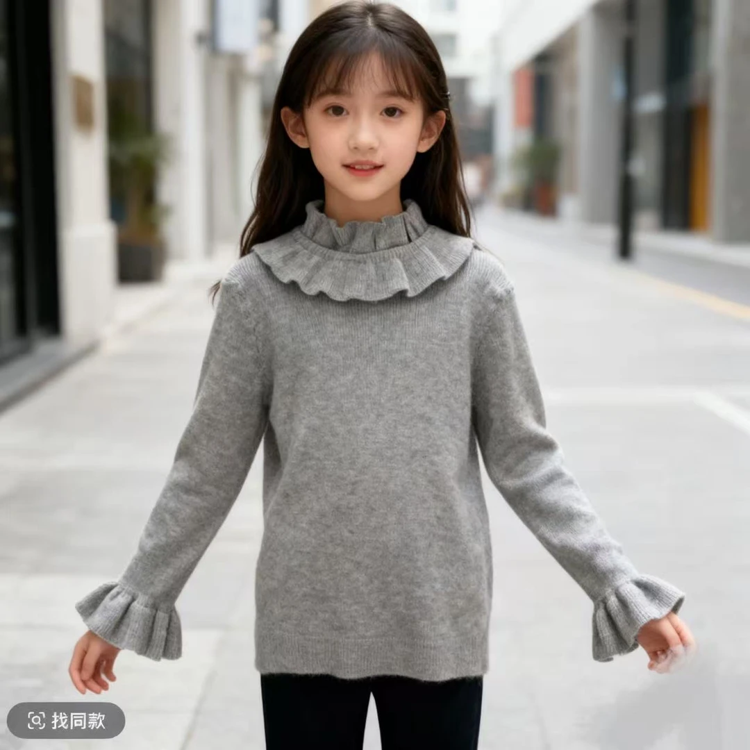 9769女童毛针织衫长袖超软莫代尔针织衫高领秋冬灰色