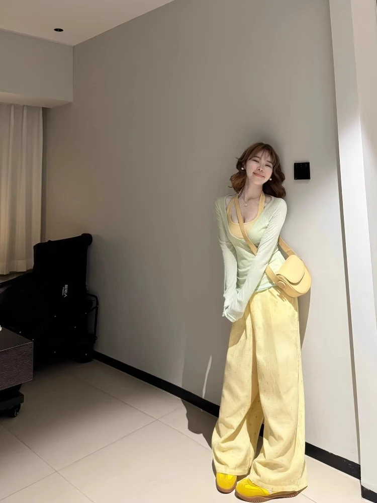 薄荷绿长袖T恤薄款防晒罩衫女吊带背心夏季网纱两件套休闲时尚