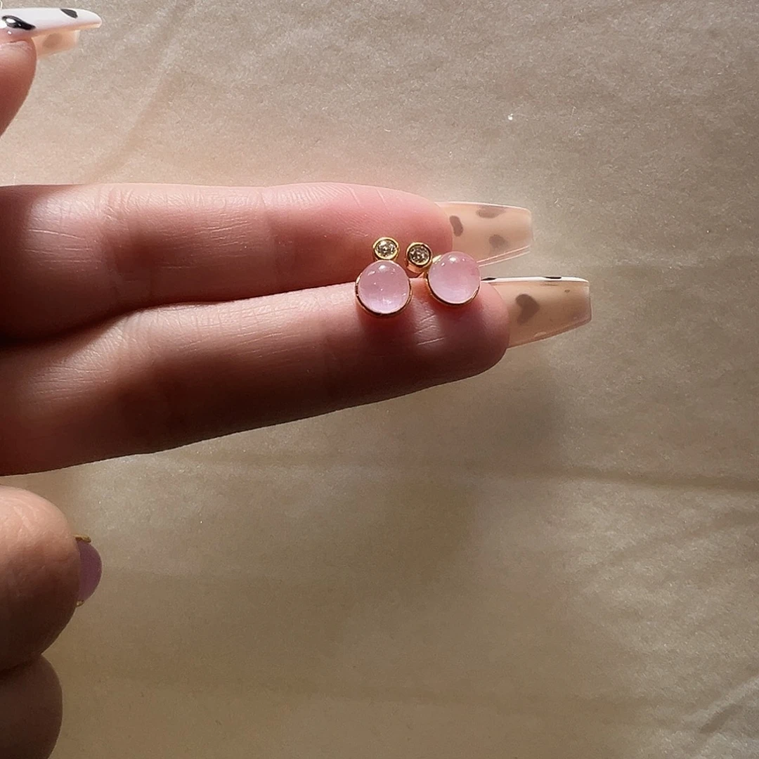银S925镶嵌锂辉石耳钉小豆丁粉紫紫锂辉耳钉